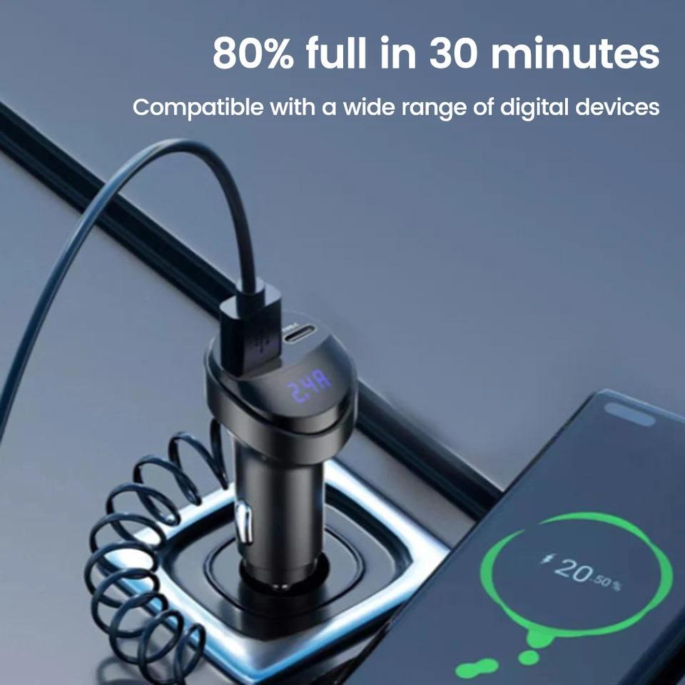 55W Car Phone Charger Car Fm Transmitter Quick Charging Adapter with 3 In 1 USB Retractable Charging Cable