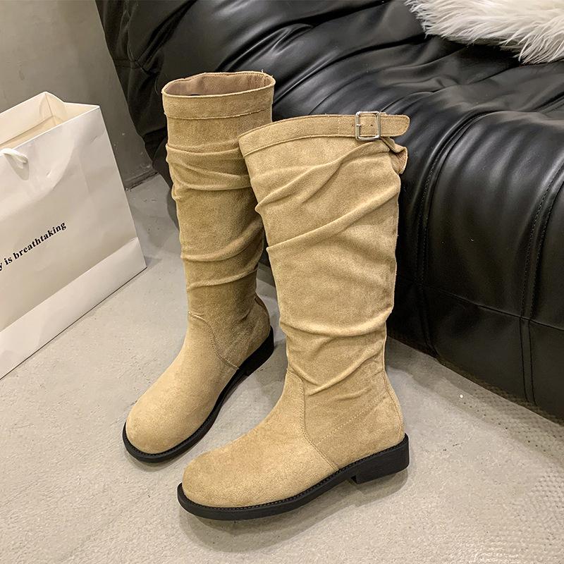 Coarse Heel Khaki Stacking Boots Long Boots Women's Shoes 2025 New Autumn and Winter Thin Tall Knight Boots