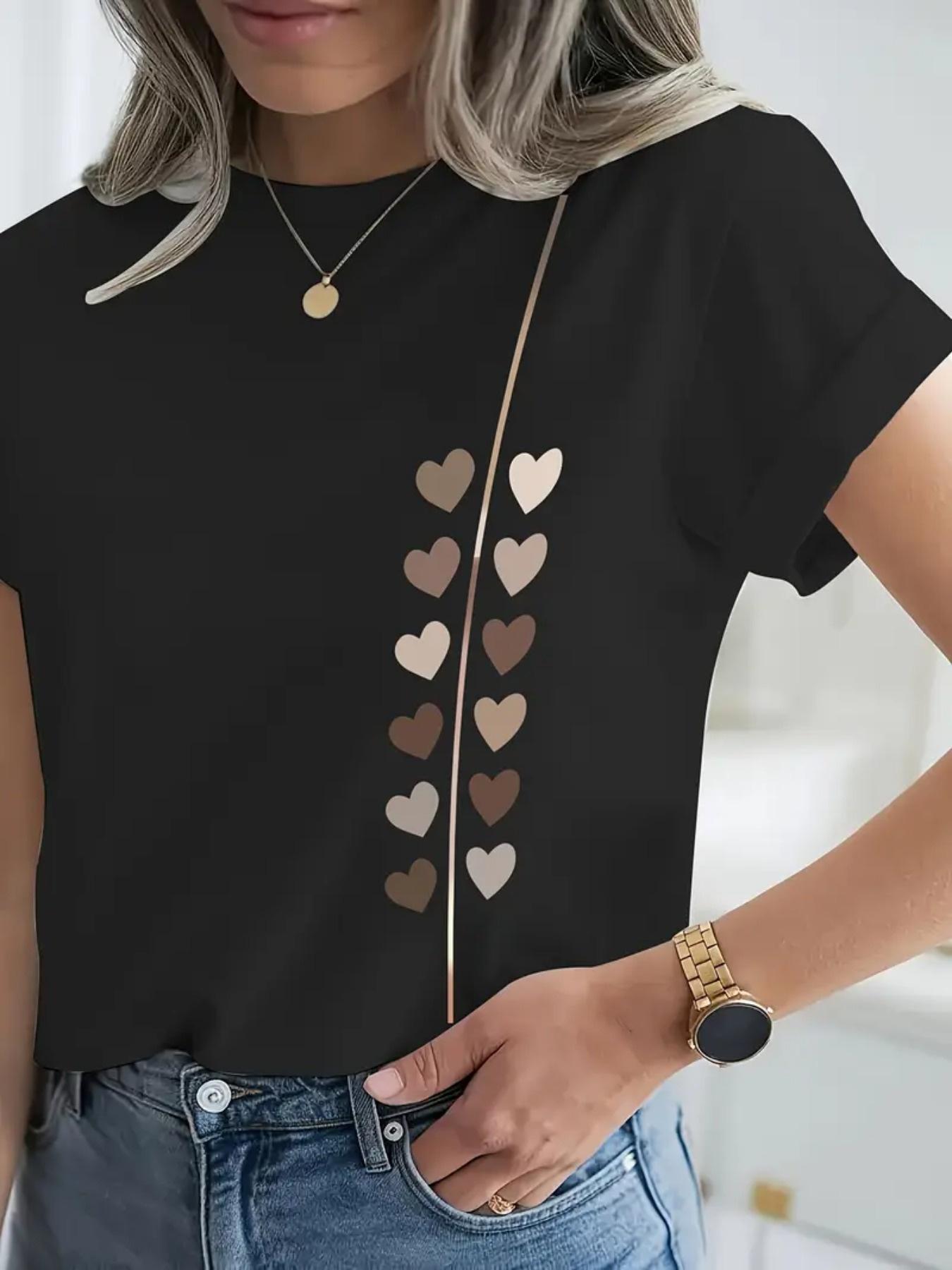 

European Size Women S Casual Short Sleeve T-Shirt | Soft Round Neck Top with Floral Heart Print, Machine Washable for Spring and Summer Daily Wear 4XL чорний