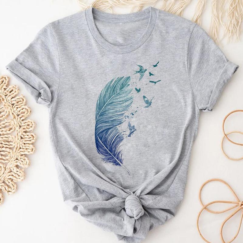 (Asian Size) Watercolor Feather Vintage Bird Women Print Short Sleeve Tee Top Fashion Tshirt Clothing Casual Summer Lady Female Graphic T-shirt