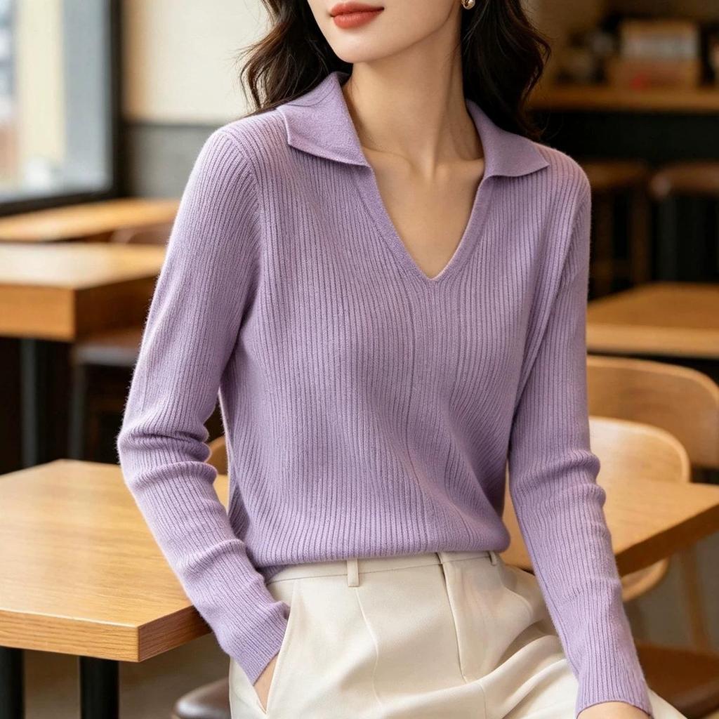 Women's Autumn Winter Polo Collar Knit Sweater Pullover