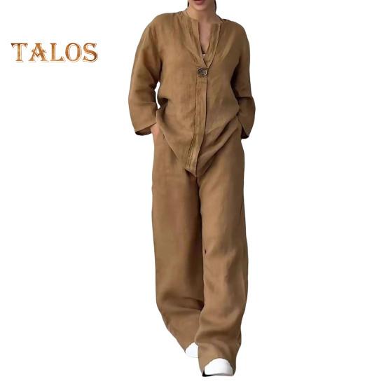 

2 шт./компл., блузка, комплект брюк, V-образный вырез, длинные рукава, декор пуговиц, топ с широкими штанинами, свободные брюки с эластичной резинкой на талии, OL, повседневная домашняя одежда для поездок на работу, наряд XL