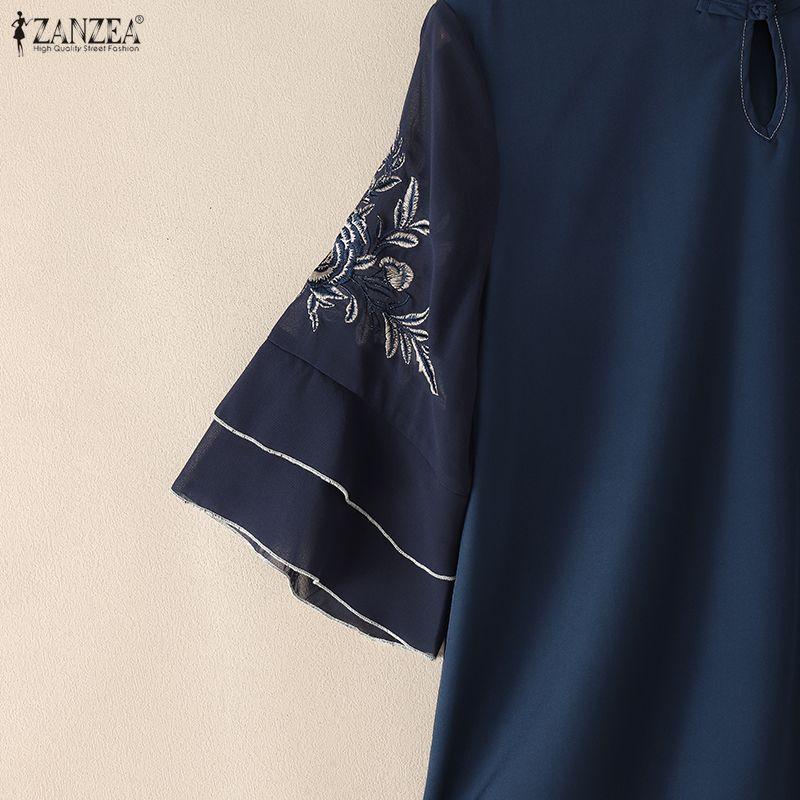 ZANZEA Women Casual Stand Collar Retro Embroidery Splice Half Sleeve Blouse