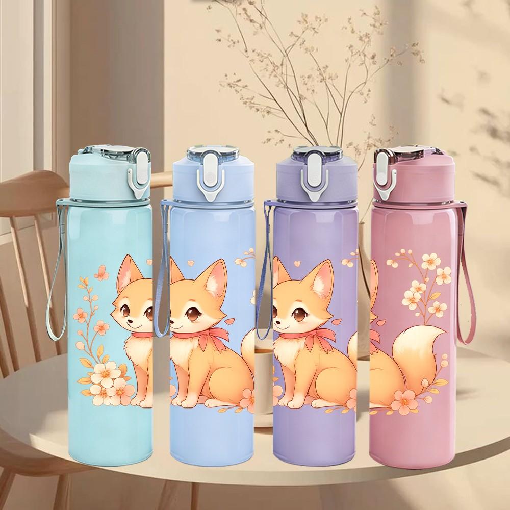 1PC Soft Wreath Fox Cartoon 750ml Color Plastic Sports Water Bottle Leakproof Flip Straw Lid Suitable for Sports Office Home Use
