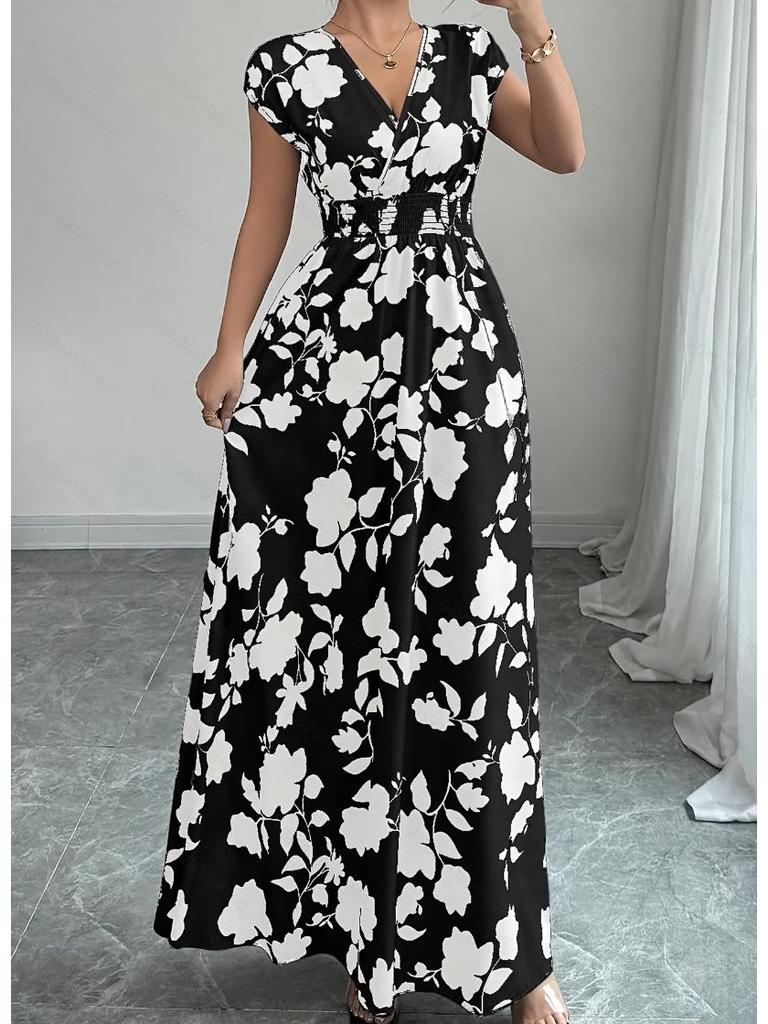 2025 Women's V-Neck Short Sleeve Tie-Up Dress with New Print - Spring/Summer Waist-Cinching Long Dress