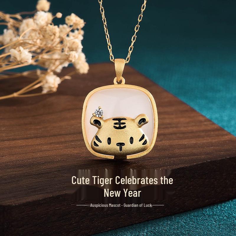 

2022 Year of the Tiger Necklace: Cute Little Tiger with Imitation Hetian Jade Zodiac Mascot