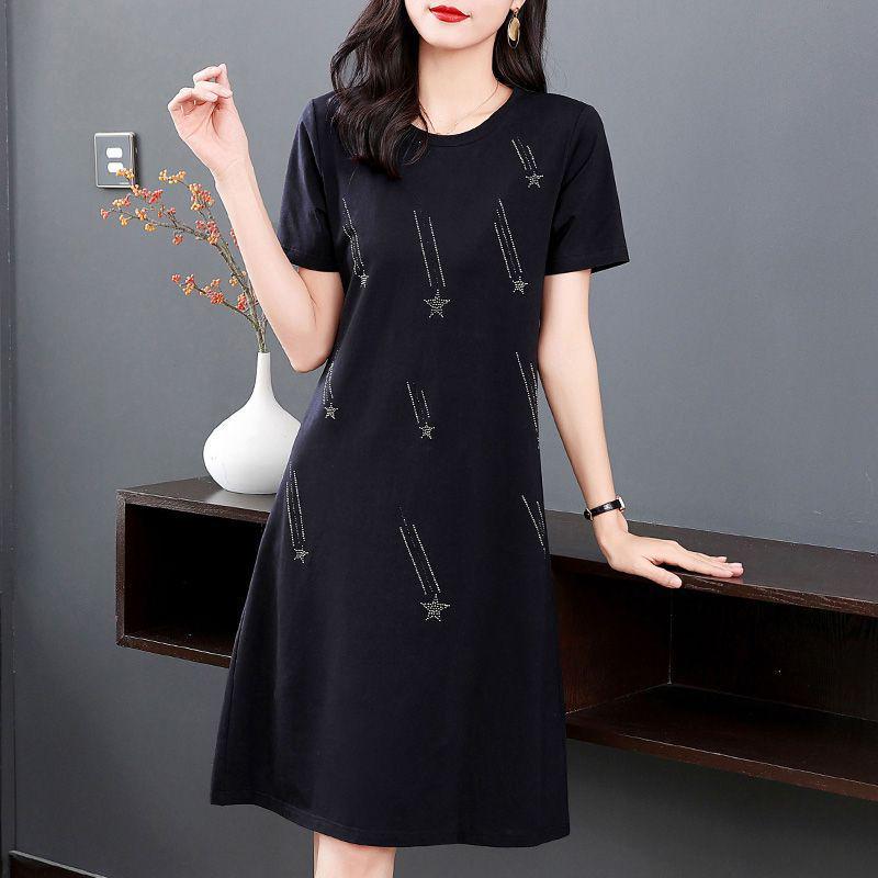 Women's Summer 2026 Plus Size Slimming A-line Black Dress - Mid-Length, Short Sleeve, Casual T-Shirt Style