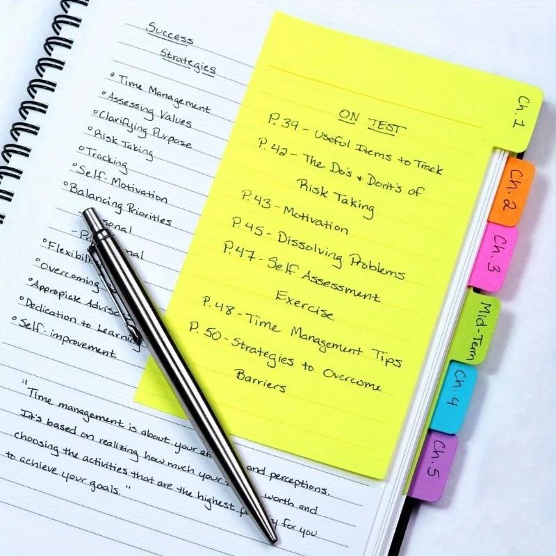 1Pc Divider Sticky Notes, Tabbed Self-Stick Lined Note Pad, 60 Ruled Notes, Assorted Neon Colors Index Sticky Notes