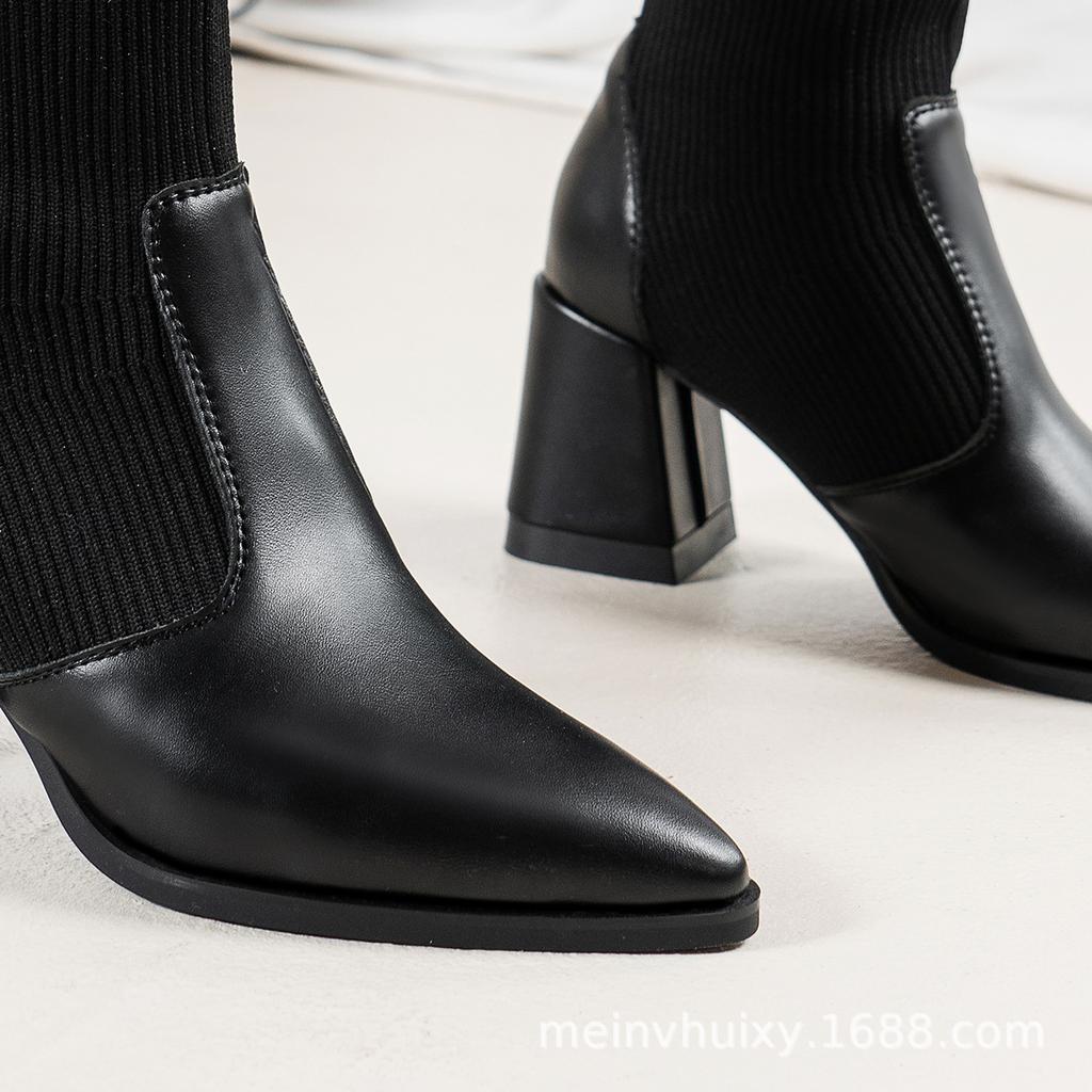 Pointed women's black thin boots women's new autumn and winter high-heeled short boots thick-heeled large-size women's boots