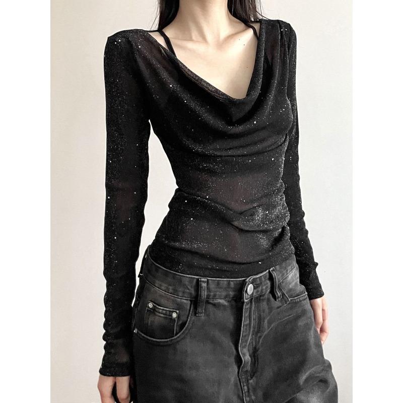 Chic Sequin V Swing Neck Long Sleeve T-shirt Women's Design Sense of Fashion Micro Transparent Slimming Spice Girl Top Trend
