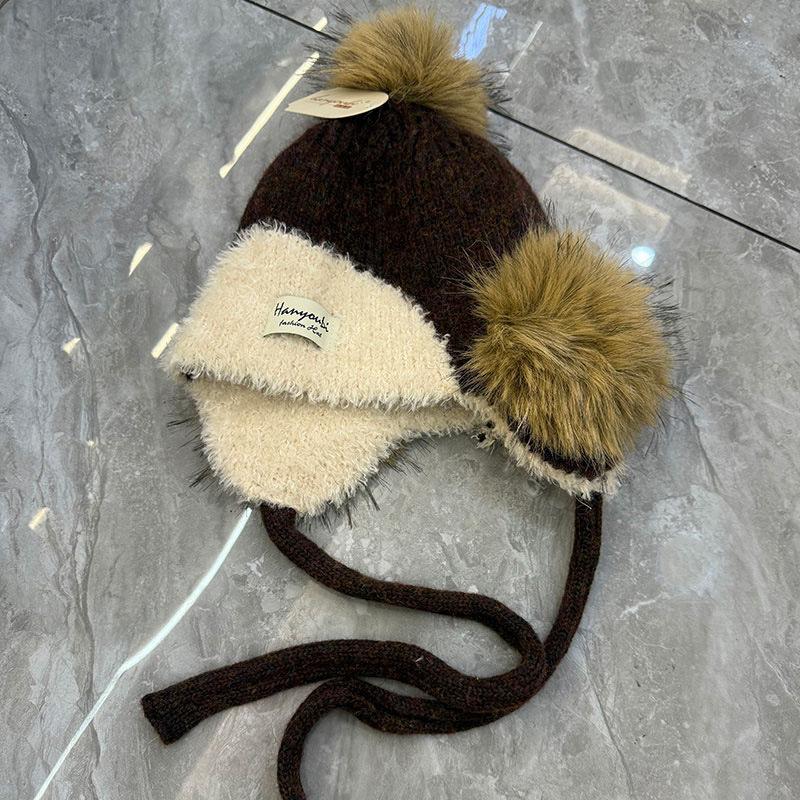 Fresh Hairball Ear Protection Integrated Solid Color Versatile Wool Lei Feng Hat Knitted Hat Autumn and Winter Women's Windproof Wool Hat