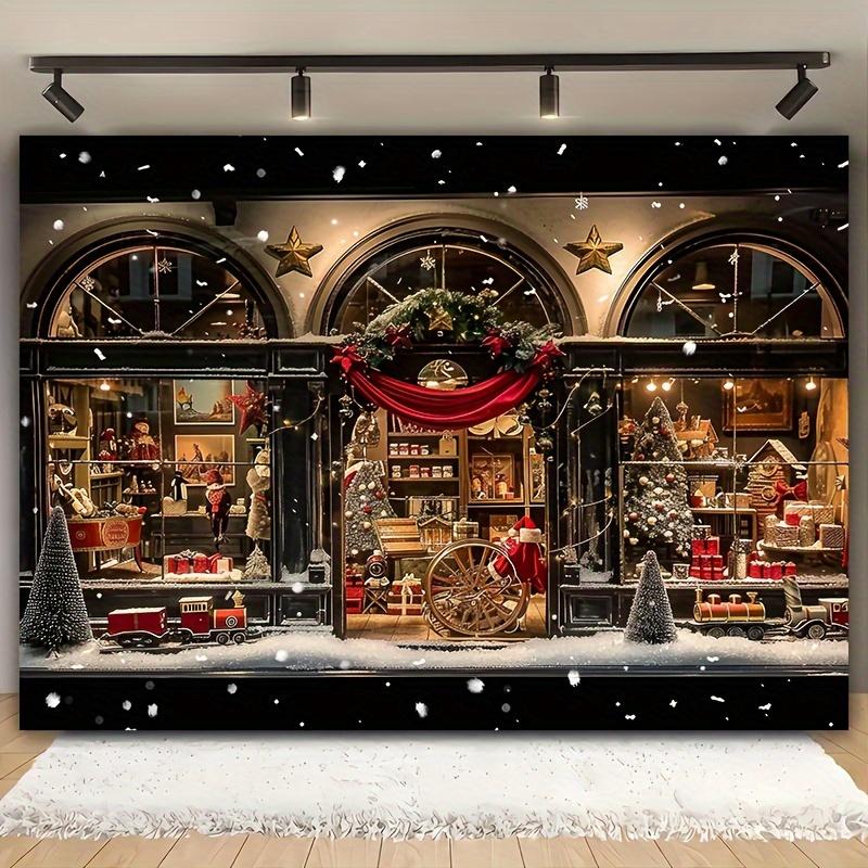 Antique Christmas shop window background - Medieval dessert shop design with gifts and Christmas trees - universal polyester