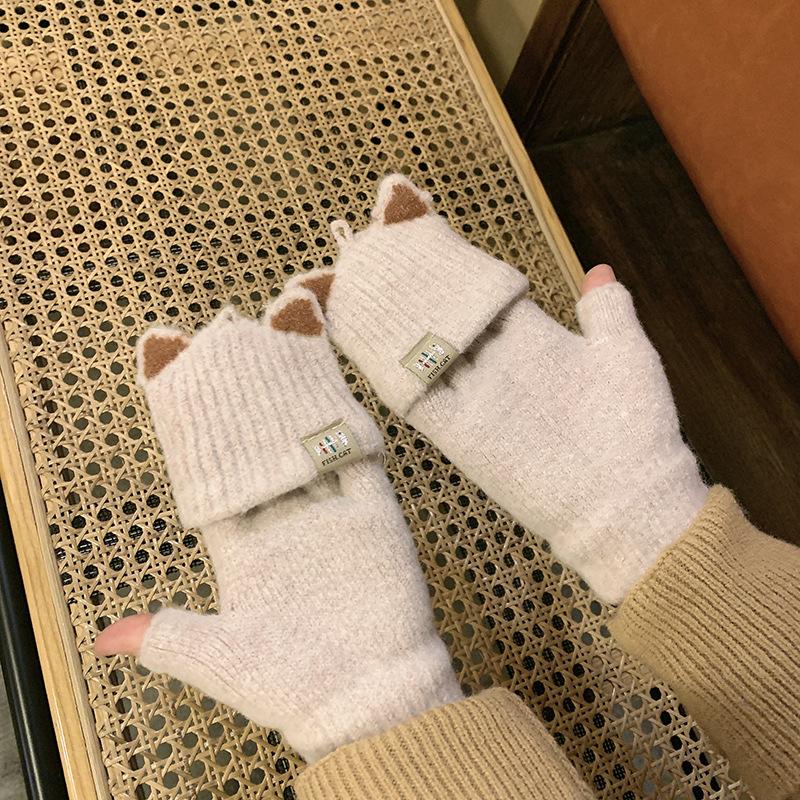 1Pair Cute Mittens Flip Half Finger Glove For Women Girls Winter Soft Warm Thick Gloves Student Cold Resistant Writing Gloves