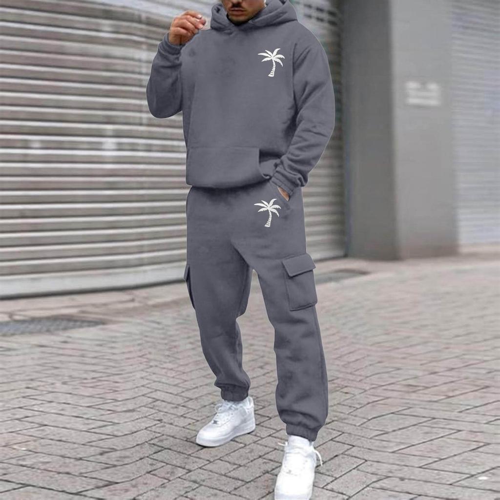 Men's Plus Size Hooded Sweatshirt and Sweatpants Set with Palm Tree Print Fleece Lined Loose Fit for Outdoor Sports and Casual Wear
