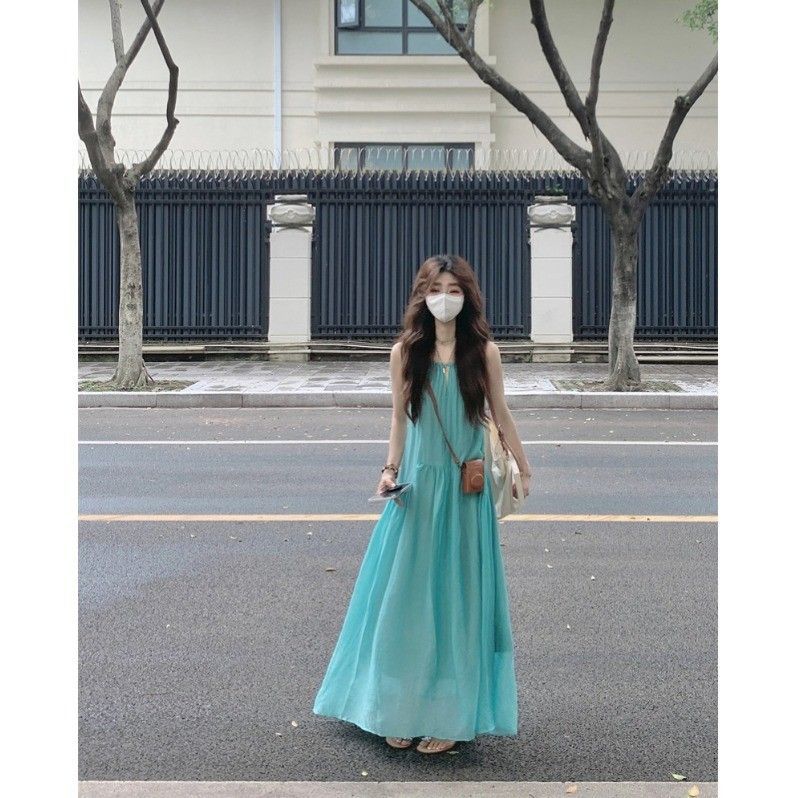 French Hollow Suspender Dress Women's Summer Seaside Vacation Wind Beach Skirt Pleated Lazy Relaxation Long Skirt