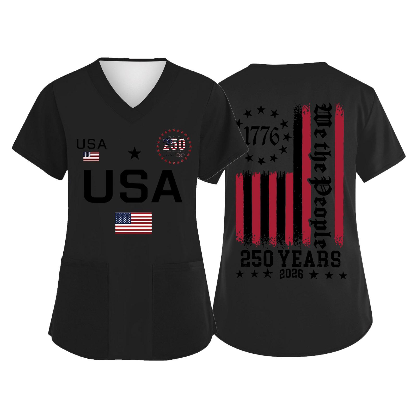 

Women s V Neck Short Sleeve Work Shirt with Pockets USA Independence Day Print Medical Uniform Top for Caregivers and Healthcare Professionals L чёрный