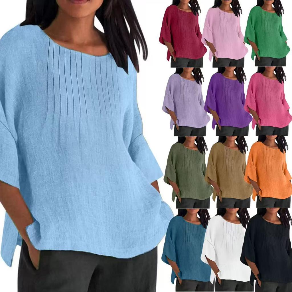 Seven Quarter Sleeve Pleated Round Neck Top Cotton and Linen Women’s Blouses & Shirts