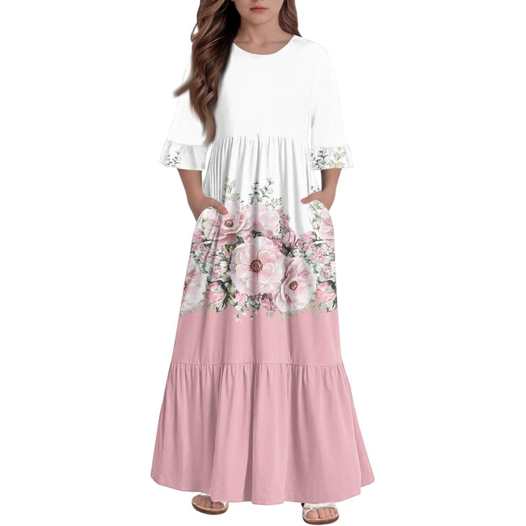 Mädchen Stufenkleid mit Rüschen - 3/4 Ärmel Taschen Maxi mit Taschen