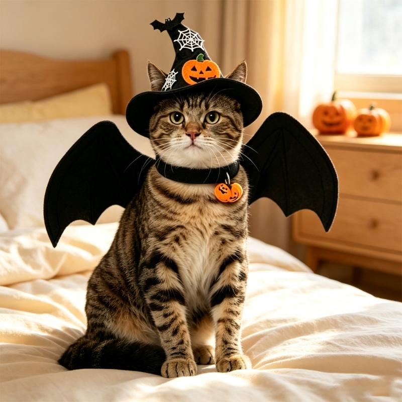 Halloween Seasonal Pet Costume Set with Pointed Hat Wing Panel Collar Charm Soft Fabric Look for Photo Parties and Home Use