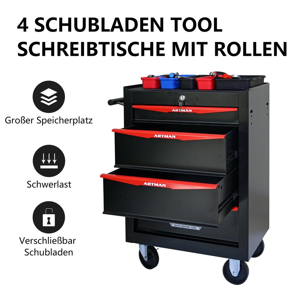 Mobile Metal Tool Cabinet with 4 Drawers, 508 mm (20 Inch), and Ball-Bearing Drawer Slides, Organizing Steel Tool Box – Black-Red