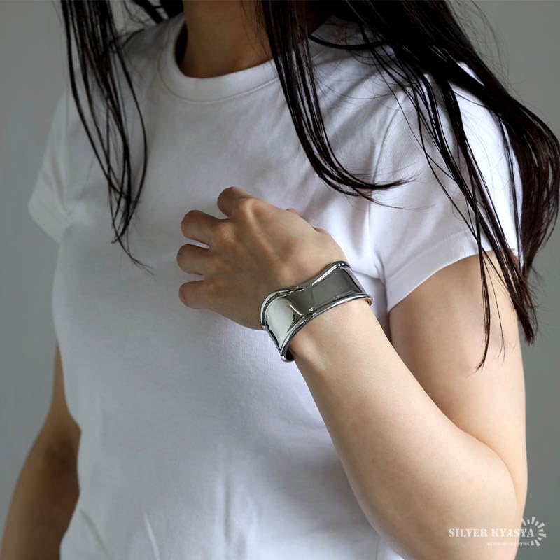 Wide Bangle Bracelet for Gold or 18K GP Simple Bone Cuff Women, Silver, Mirror-Finished, Gold, (Silver)