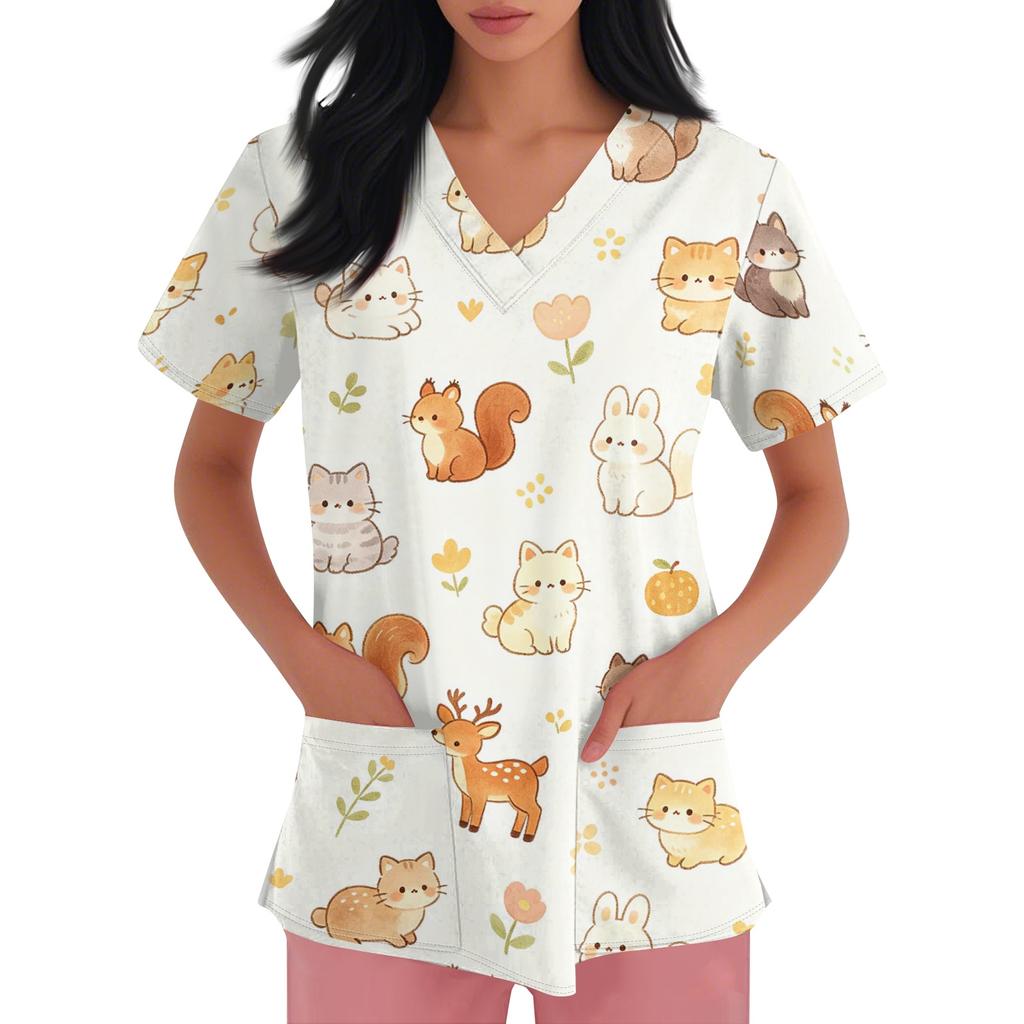 Damen V-Ausschnitt Kurzarm Arbeits-Top mit Taschen Tierprint Professionelle Uniform Pflegekittel für medizinisches und Pflegepersonal