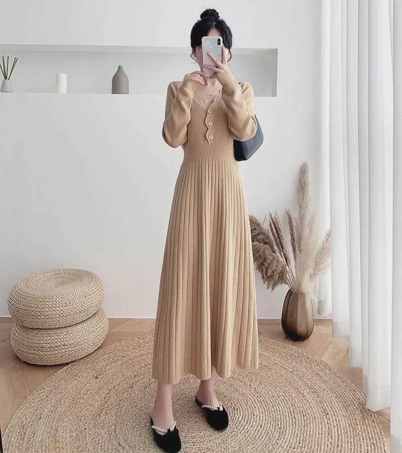 Spring & Autumn 2024 Slim Fit Knitted Midi Sweater Dress