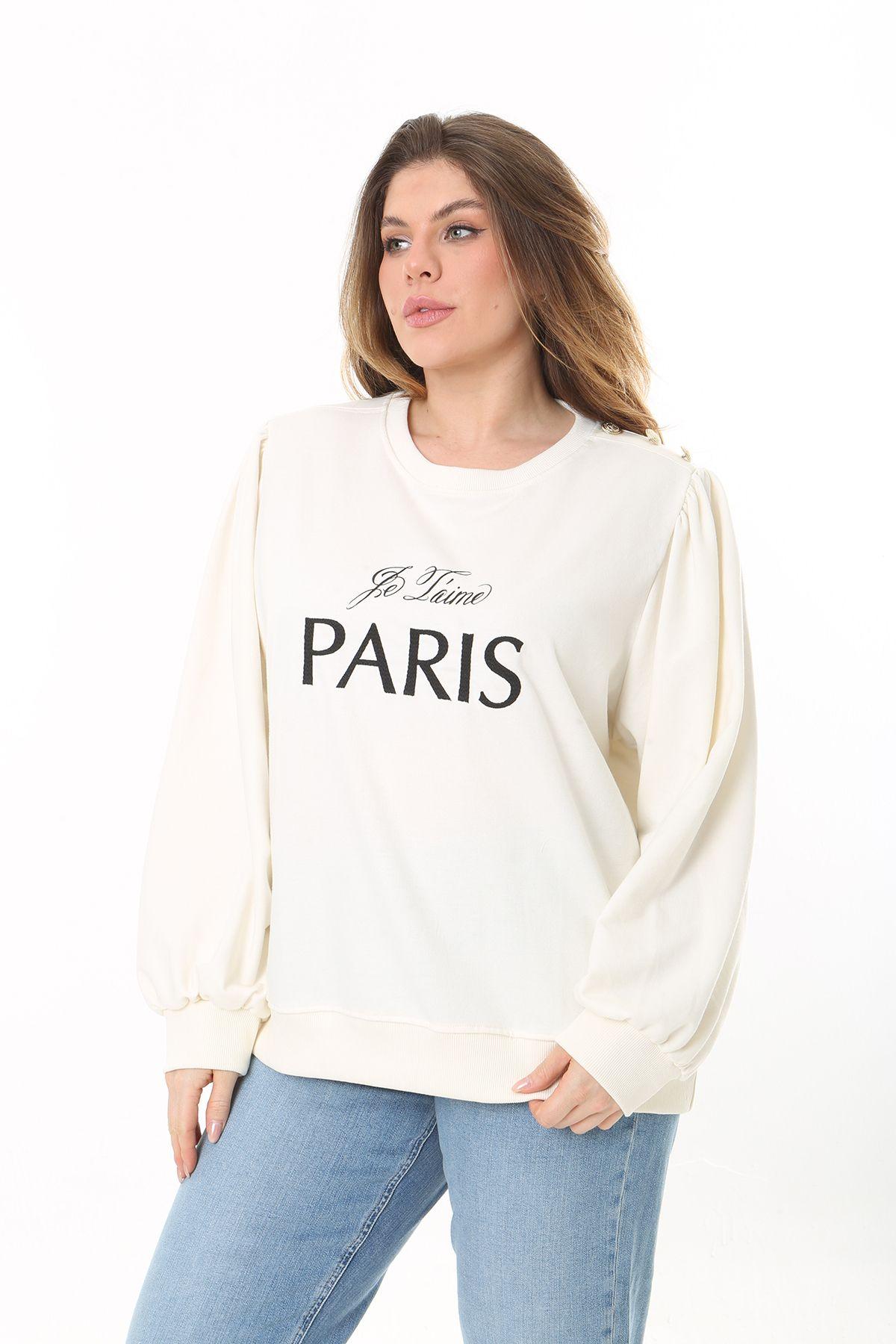 

Women s Style Big Size Sweatshirt Large Size Bone Shoulder Gathered Embroidery And Ornamental Button Detailed Sweatshirt 5XL/6XL