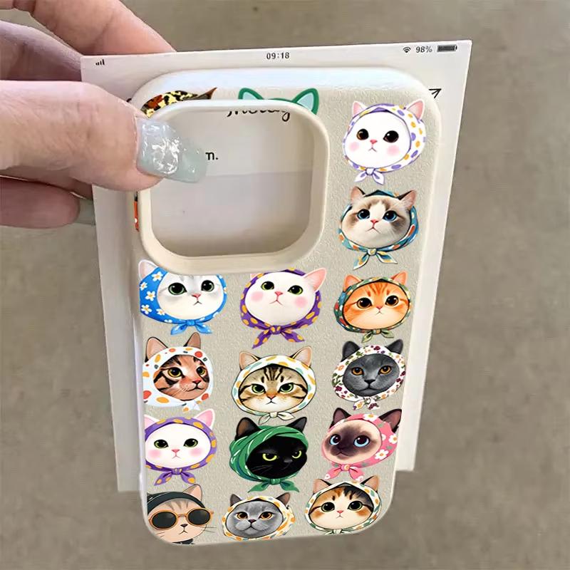Cute Full Screen Cat Lychee Texture Silicone Phone Case For iPhone 17 Pro Max 11 12 13 14 15 16 Pro 14 Plus 17 Air Soft Cover