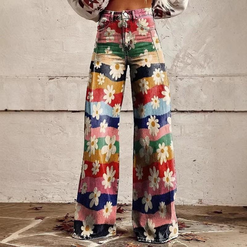 Dame Løstsiddende Bomuld Wide Leg Bukser Med 3D Digital Print Streetwear Stil Afslappede Bukser