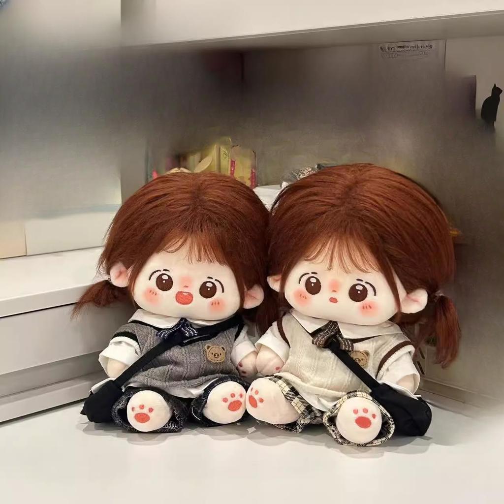 20cm Plüschpuppenkleidung, Handgefertigt, 4-teiliges Set im Schulstil für Plüschpuppen, Beinhaltet Weste, Hemd, Schleife und Hose (Beige, 20cm) [Gebraucht]