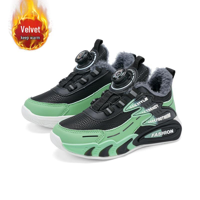 Boys' 2025 Autumn/Winter Sports Shoes with Rotating Button, Double-Layered Cotton, Plus Velvet Warmth for Medium and Large Children.
