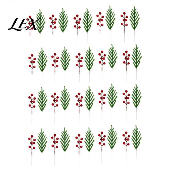 Artificial Flower Arrangements for Indoor 20Pcs Christmas Norfolk Pine Picks, Flocked Snow Branches with Tree Ornaments Atmosphere Red Berries,