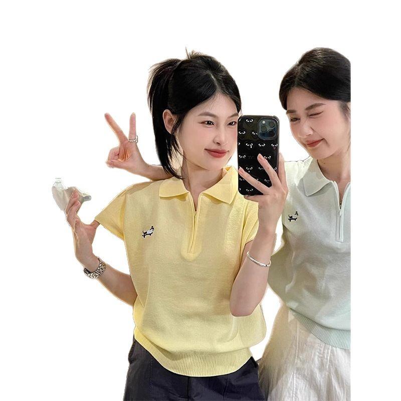 Polo Collar, Half-zipper, Straight-shoulder Short-sleeved T-shirt for Women, Summer Grey Lapel Knitted Sweater, Short Korean-style Top