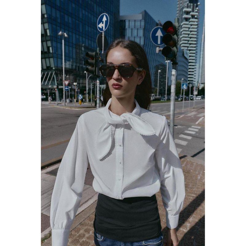 Za Autumn New Women's Clothing Zr European and American Style Fashionable Versatile Bow Decorated Poplin Long Sleeve Shirt 7969237