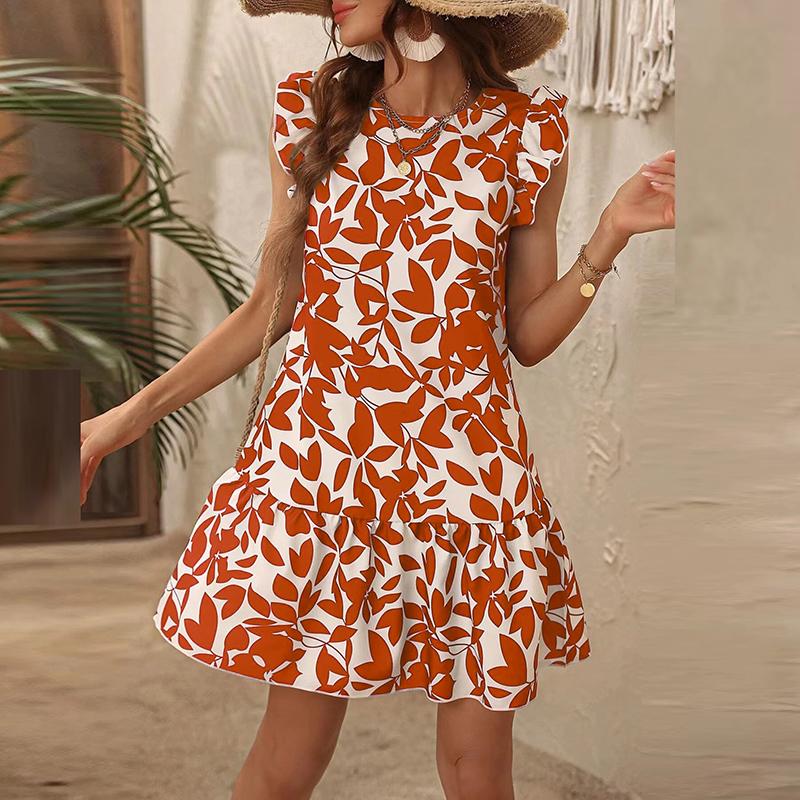 

Летние женские платья с принтом, вечернее платье с рюшами и V-образным вырезом, коротким рукавом, женское повседневное мини-платье с цветочным принтом XXL оранжевый
