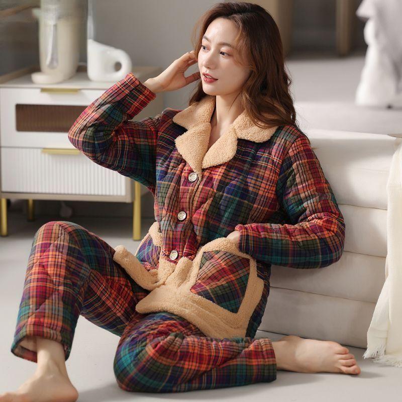 Bunda Pyžamo Dámské Zimní Třívrstvé Teplé Plyšové Zahuštěné Domácí Oblečení Neformální Středního Věku Mladé Pyžamo Set