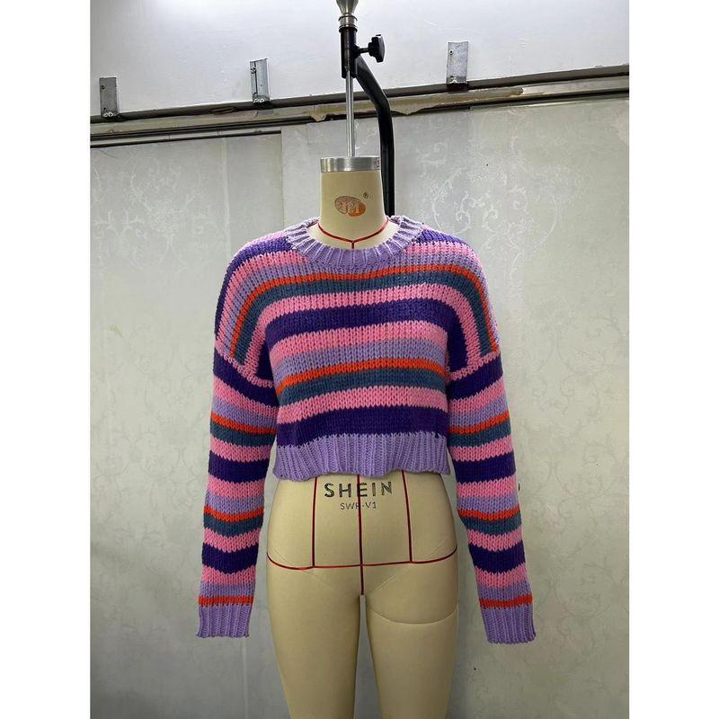 Summer and Autumn Stylish Fashion Autumn Colorized Sweater Export Loose Leisure Short Contrast Color Stripes Knitwear Tops