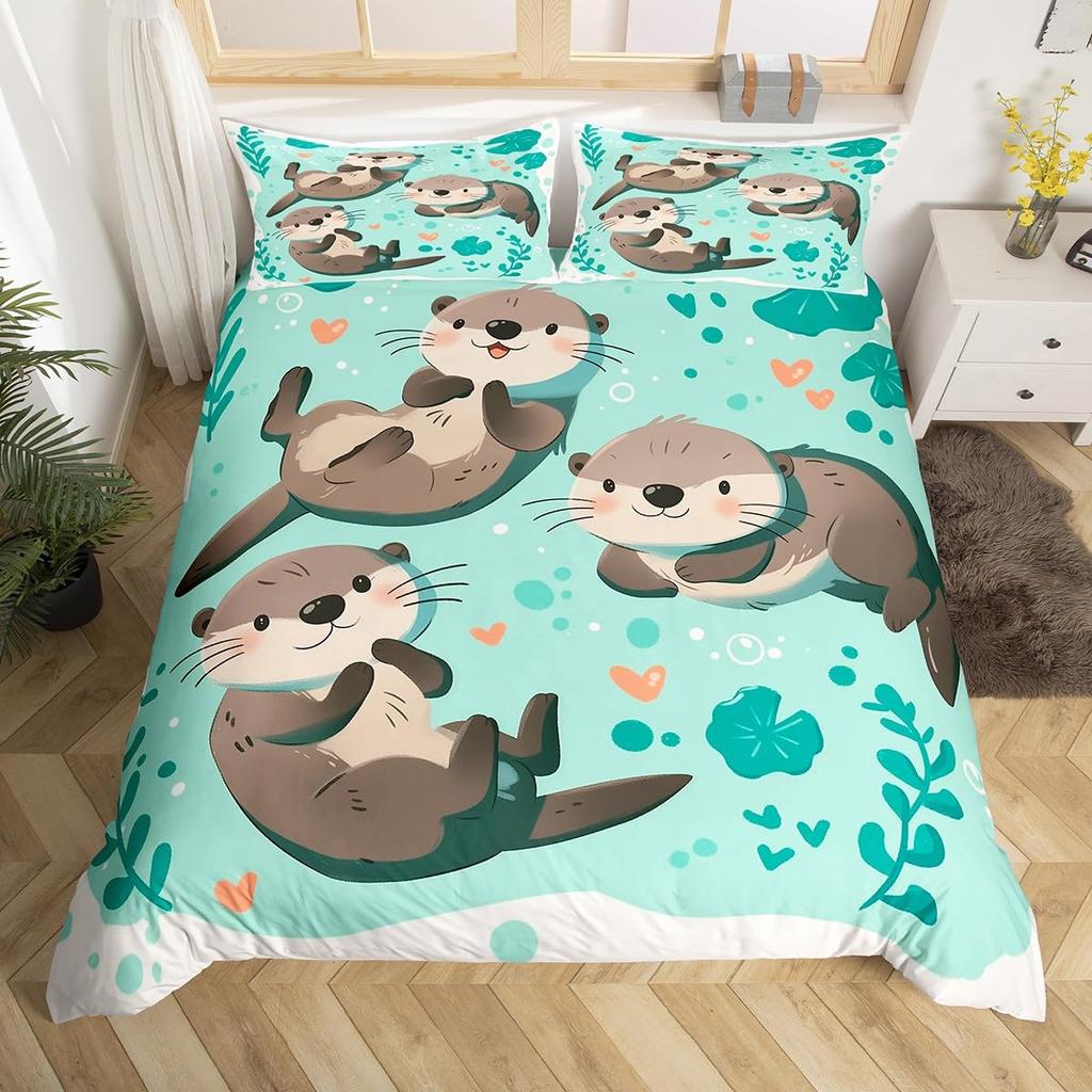 Sea Otter Duvet Cover Set Ocean Creature Otter Toddler Soft Polyester Bedding Set Cute Cartoon Animal Print Comforter Cover Sets