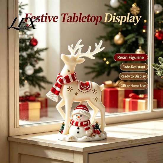Festive Mantelpiece Display Christmas Reindeer Snowman Resin Figurine, White Deer Statue with Red Scarf, Mini Tree Figurine Winter Holiday Tabletop