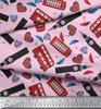 Soimoi Japan Crepe Satin Fabric Bus,Telephone Booth & London Clock Tower Architectural Print Sewing Fabric Metre 42 Inch