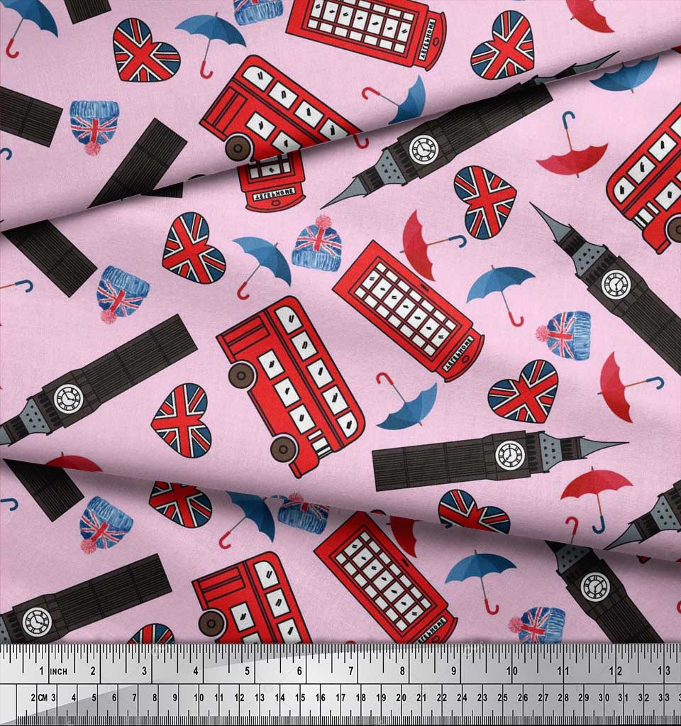 Soimoi Japan Crepe Satin Fabric Bus,Telephone Booth & London Clock Tower Architectural Print Sewing Fabric Metre 42 Inch
