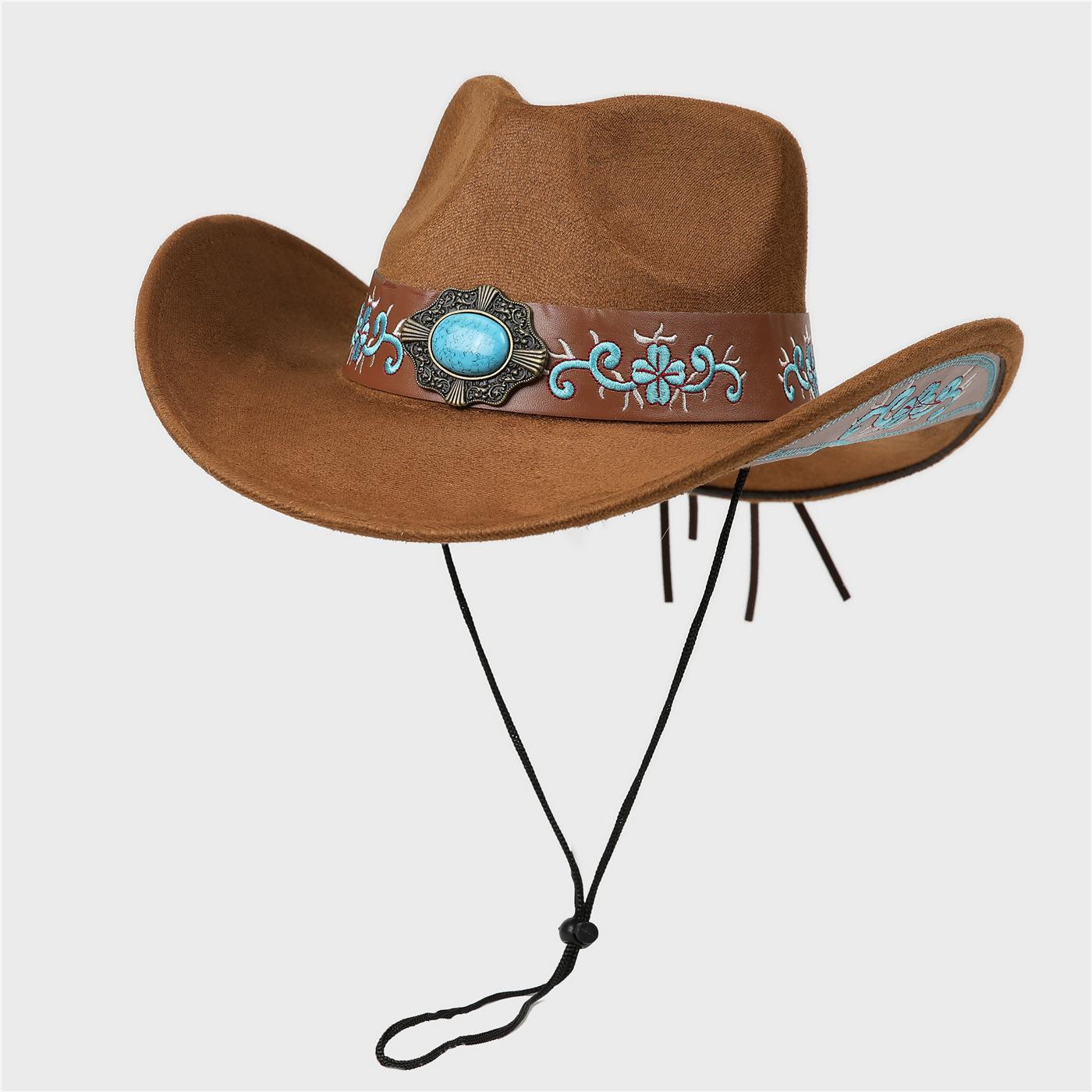 Широкополая Вестерн Ковбойская Шляпа Мужская Женская Винтажная Вышивка Бирюзовая Шляпа С Цилиндром Широкополая Войлочная Шляпа M（56-58cm）