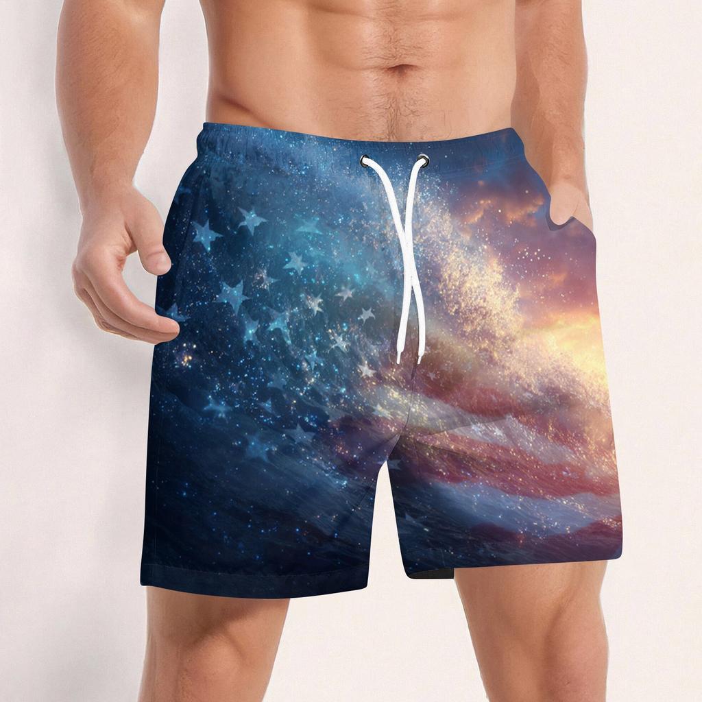 Men Swim Trunks Quick Dry Board Shorts with Drawstring Waistband Mesh and Side Pockets USA Flag Print Beachwear