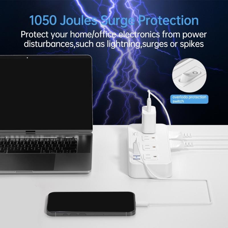 Stromleisten mit US-Stecker, 8 Steckdosen, 4 USB-Anschlüsse(2 USB-C), Geflochtenes Verlängerungskabel, Überspannungsschutz-Adapter für Zuhause