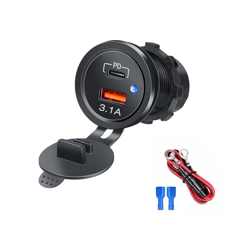 PD 3.1A Dual USB Charger with LED Light Motorcycle Car Charger Power Socket Cigarette Lighter Waterproof for Car Truck ATV Boat