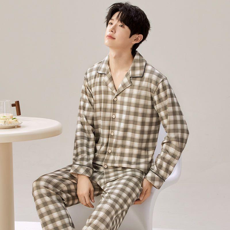 Spring and Autumn Men's Pajamas Homewear Suit Men's Cotton Cardigan Simple Large Size Cotton Can Be Worn Outside Homewear