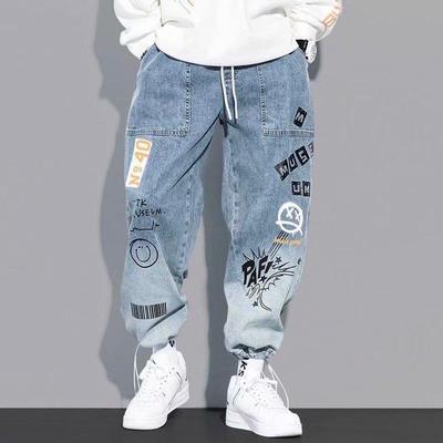 Jeans larghi YOA da uomo per l'autunno con stampa graffiti, design a cartoni animati e coulisse