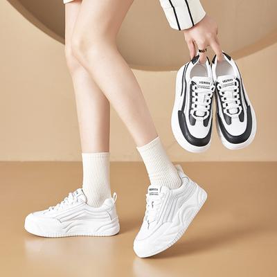 Small Size Leather White Shoes Women's Spring New Thick Bottom Height Increasing Breathable Women's Genuine Leather Shoes Sports Casual Borad Shoes