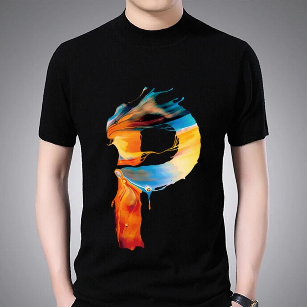 Fashion T-shirt Black Men's Paint Pattern 26 English Alphabet Paint Hot Stamping Series Casual O-neck Commuter Comfortable Top